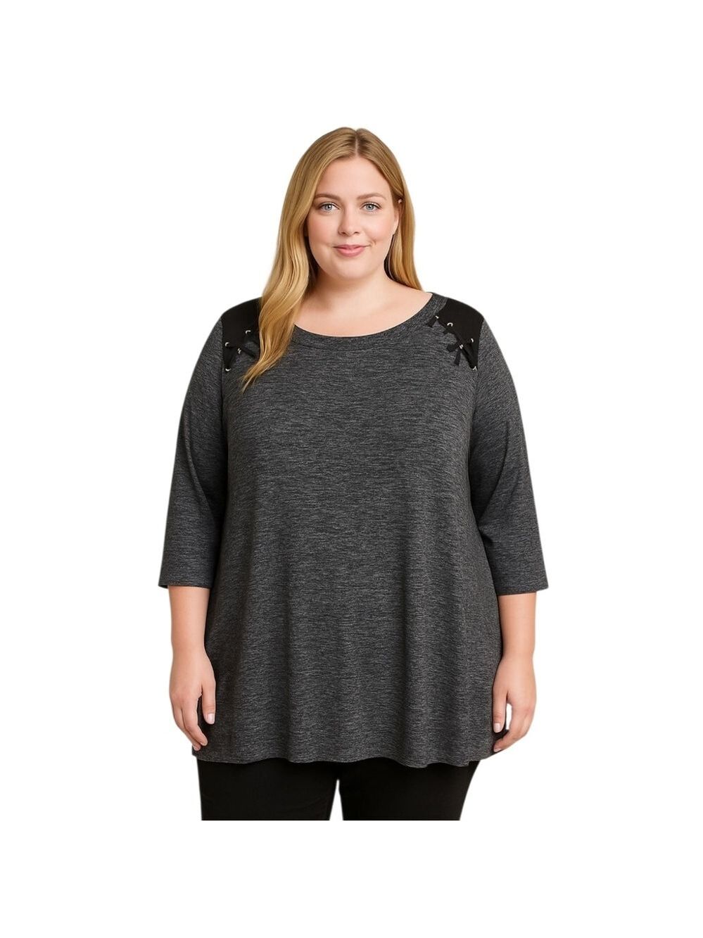 PerSeption Women Gray Knit Tunic Top 2X Lace-Up Shoulder 3/4 Sleeve